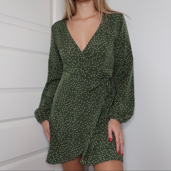green and white polka dot wrap dress